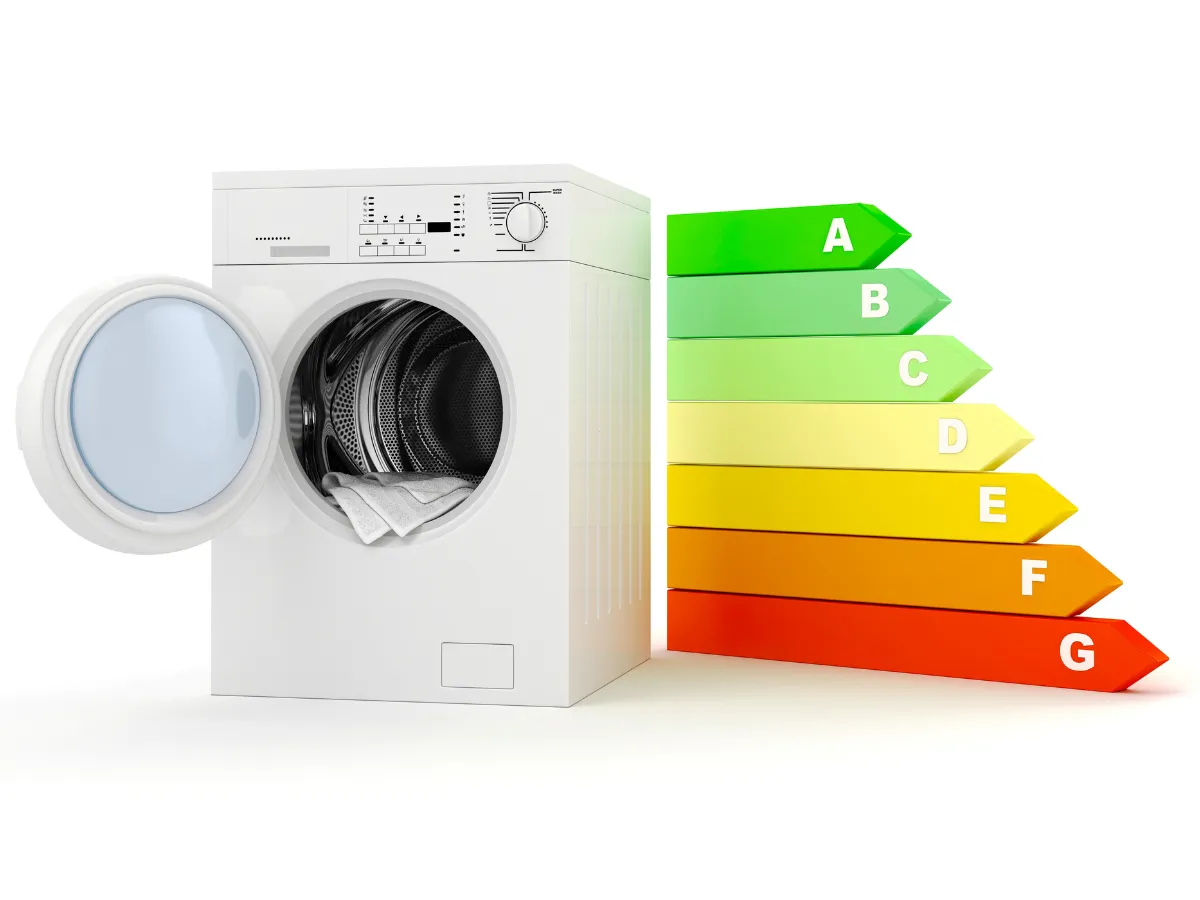 Nueva etiqueta de clasificación energética europea para lavadoras, mostrando la escala de A a G
