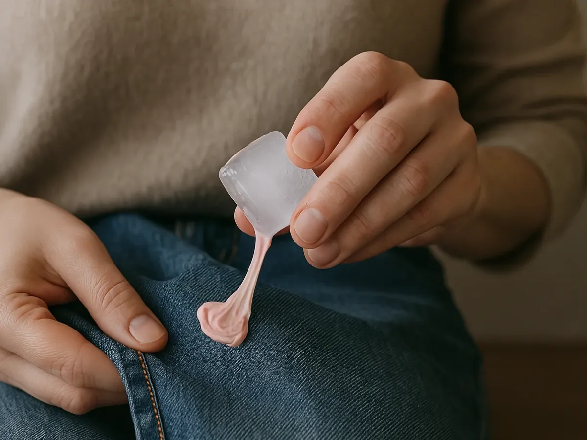 Person trying to remove gum stuck on a pair of jeans