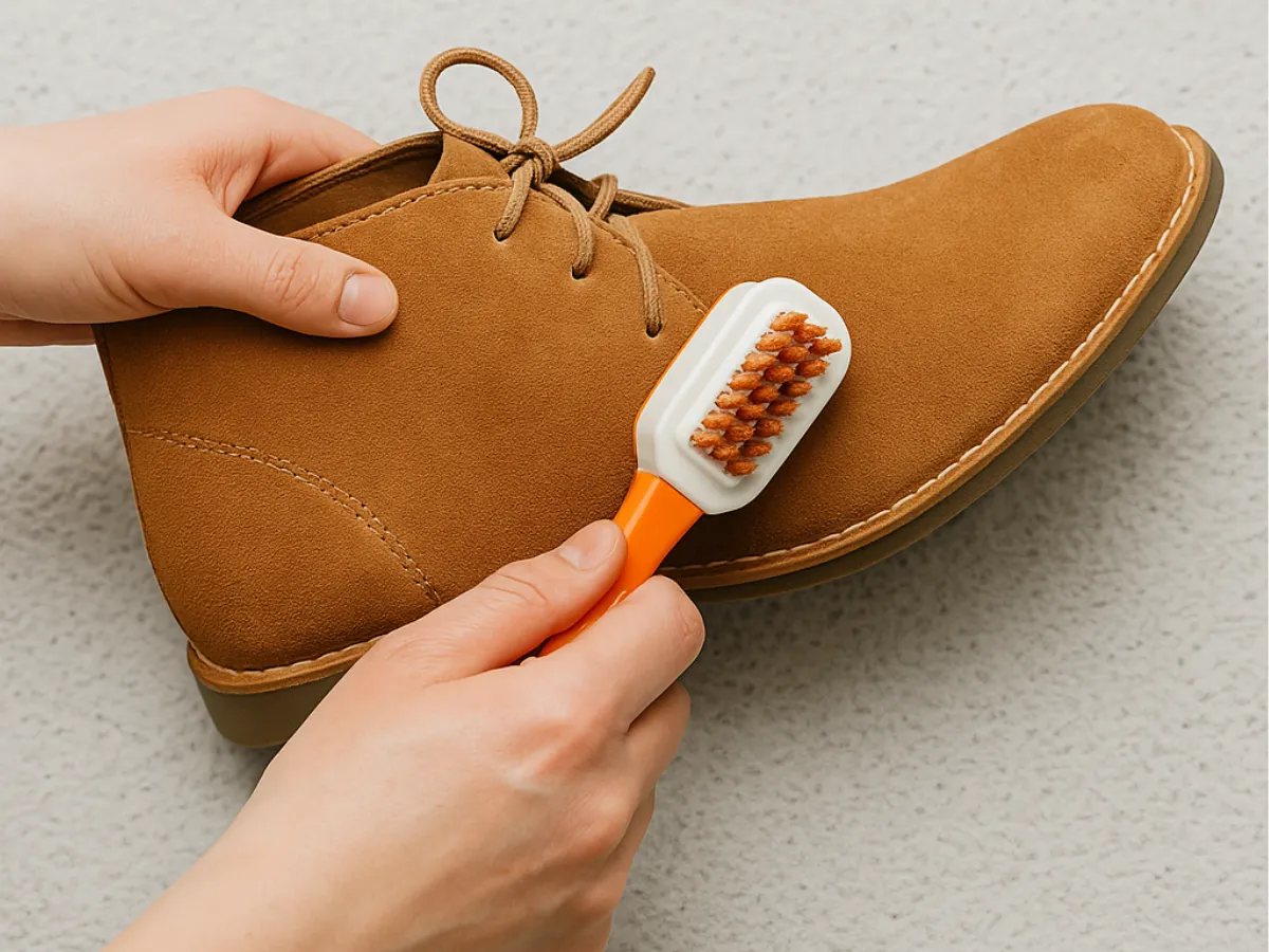 Person gently brushing suede shoes