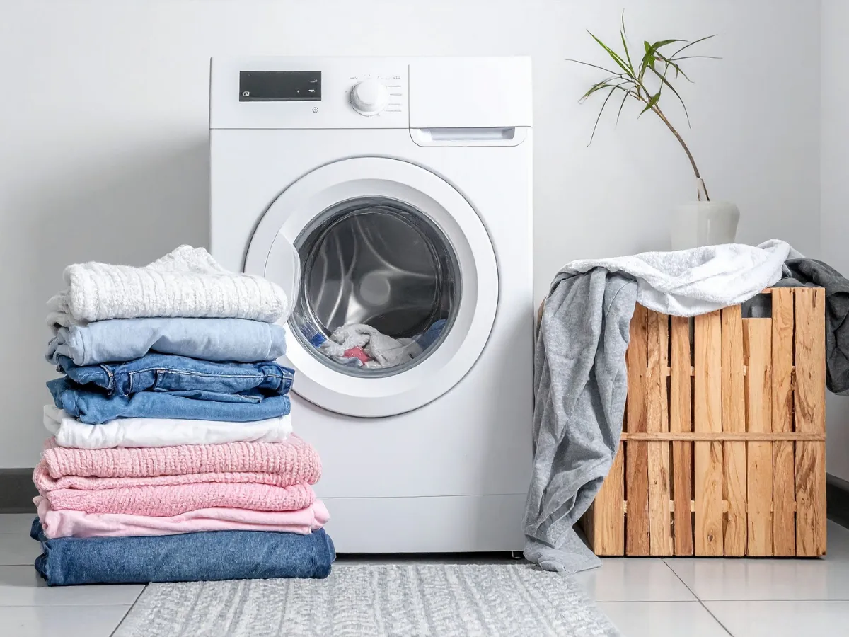 Diagram of front and top loading washing machine dimensions with measuring tape