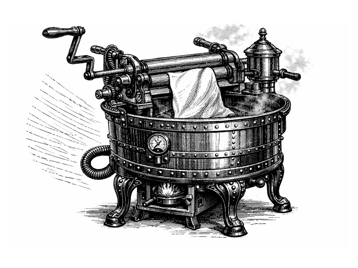 Antiguo lavadero de piedra en un pueblo del Bierzo contrastado con maquinaria moderna