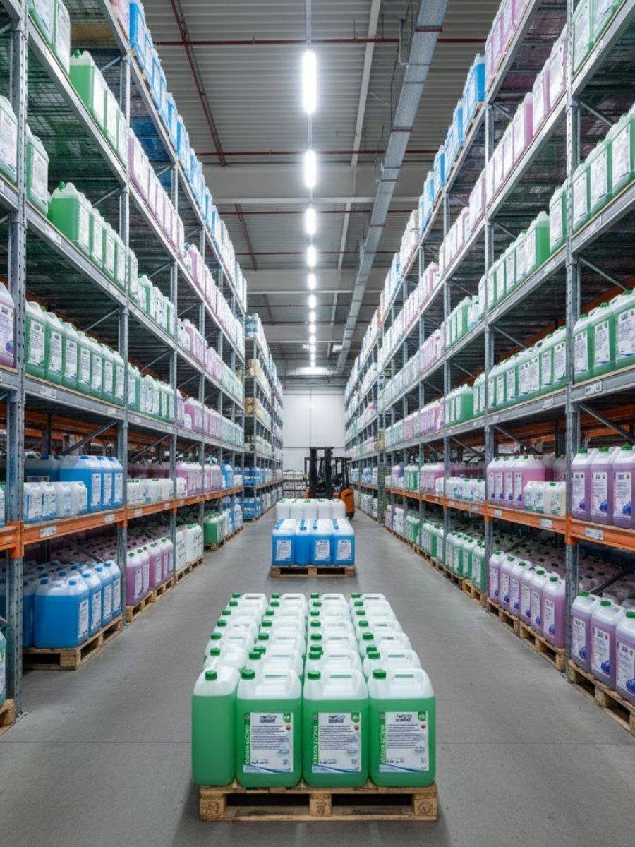 Almacén de productos químicos de limpieza con garrafas de detergente y suavizante industrial