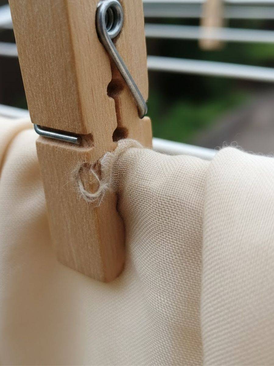 Close-up of clothes pegs leaving a mark on a delicate garment