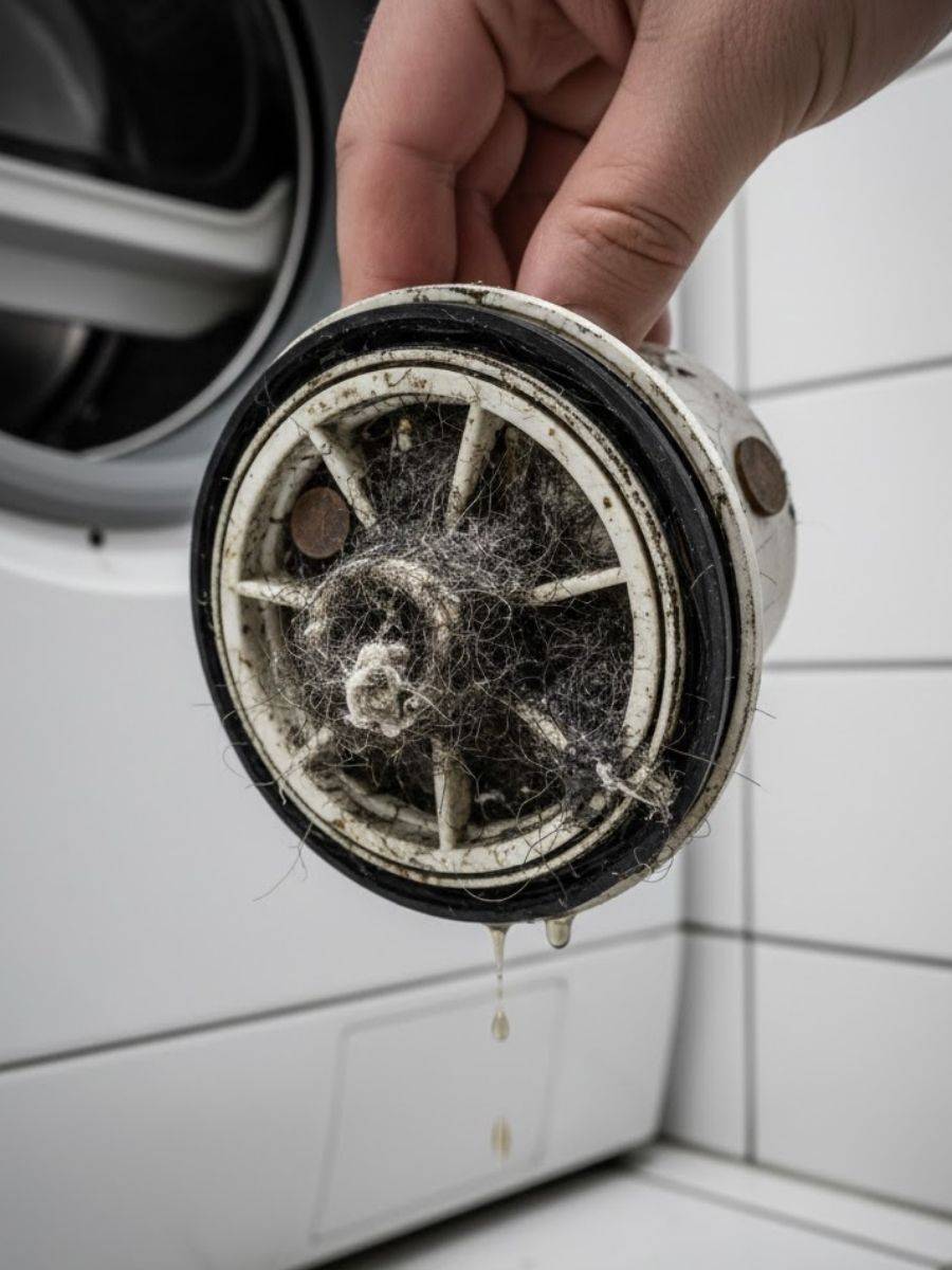 Dirty washing machine filter removed for cleaning