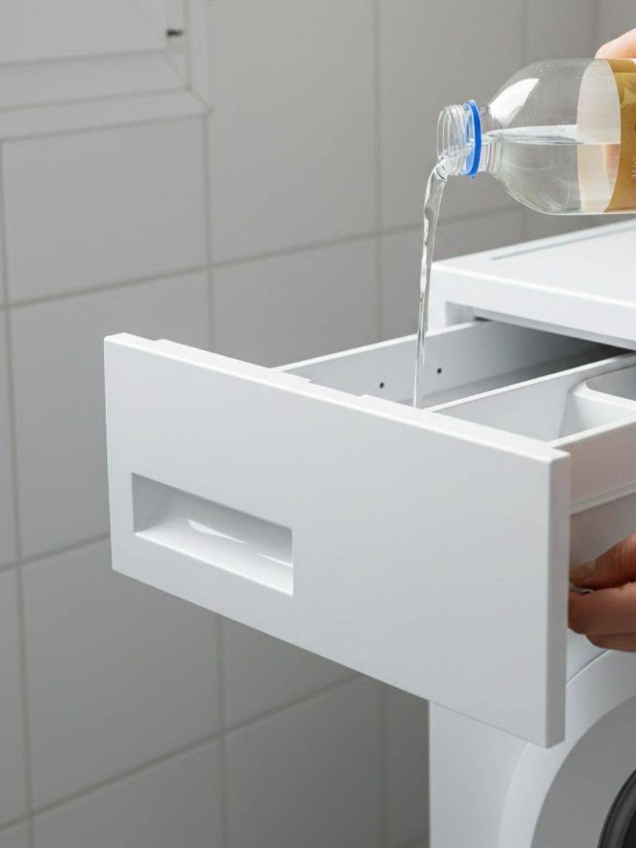 Añadiendo vinagre blanco al cajetín de la lavadora como suavizante natural