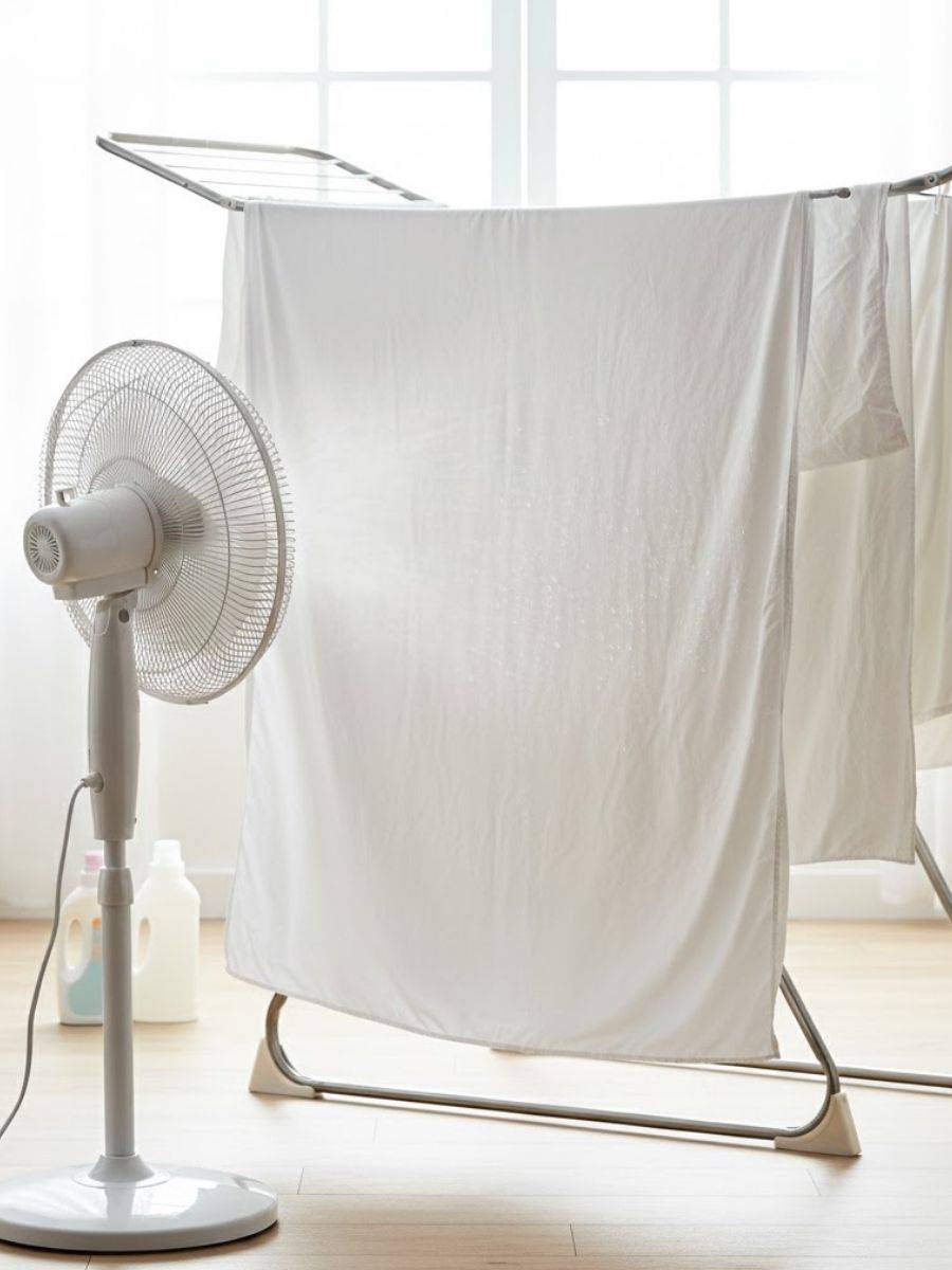 Ventilador apuntando a un tendedero con sábanas para acelerar el secado