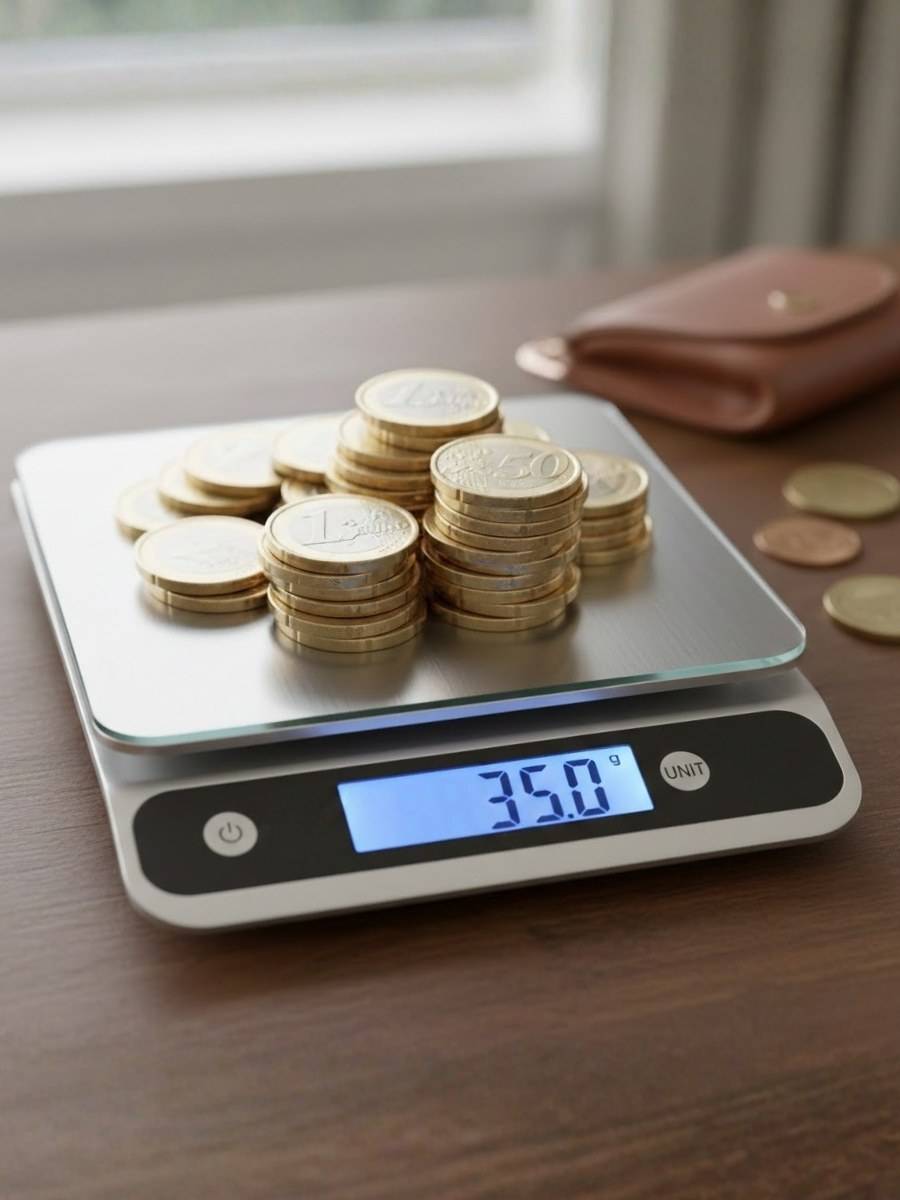 Digital scale weighing 1 euro coins with result on screen