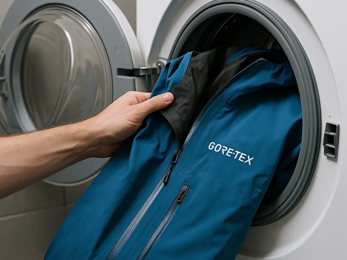 Chaqueta técnica tipo Gore-Tex colgada, mostrando el tejido impermeable
