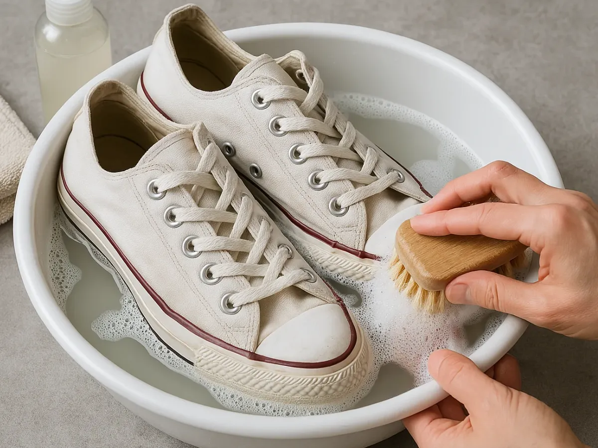Un par de zapatillas Converse blancas limpias y relucientes