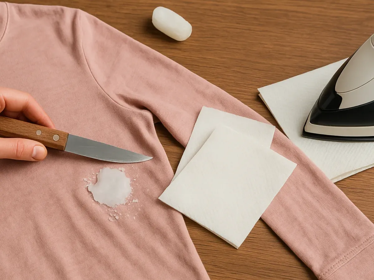Plancha aplicándose sobre papel absorbente para quitar cera de una prenda